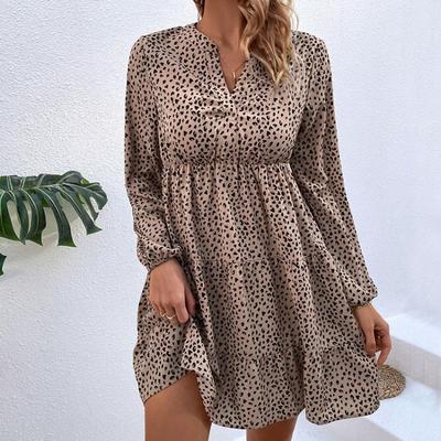 Leopard Print Women's Spring Dress V Neck Lantern Sleeve High Waist Pleated