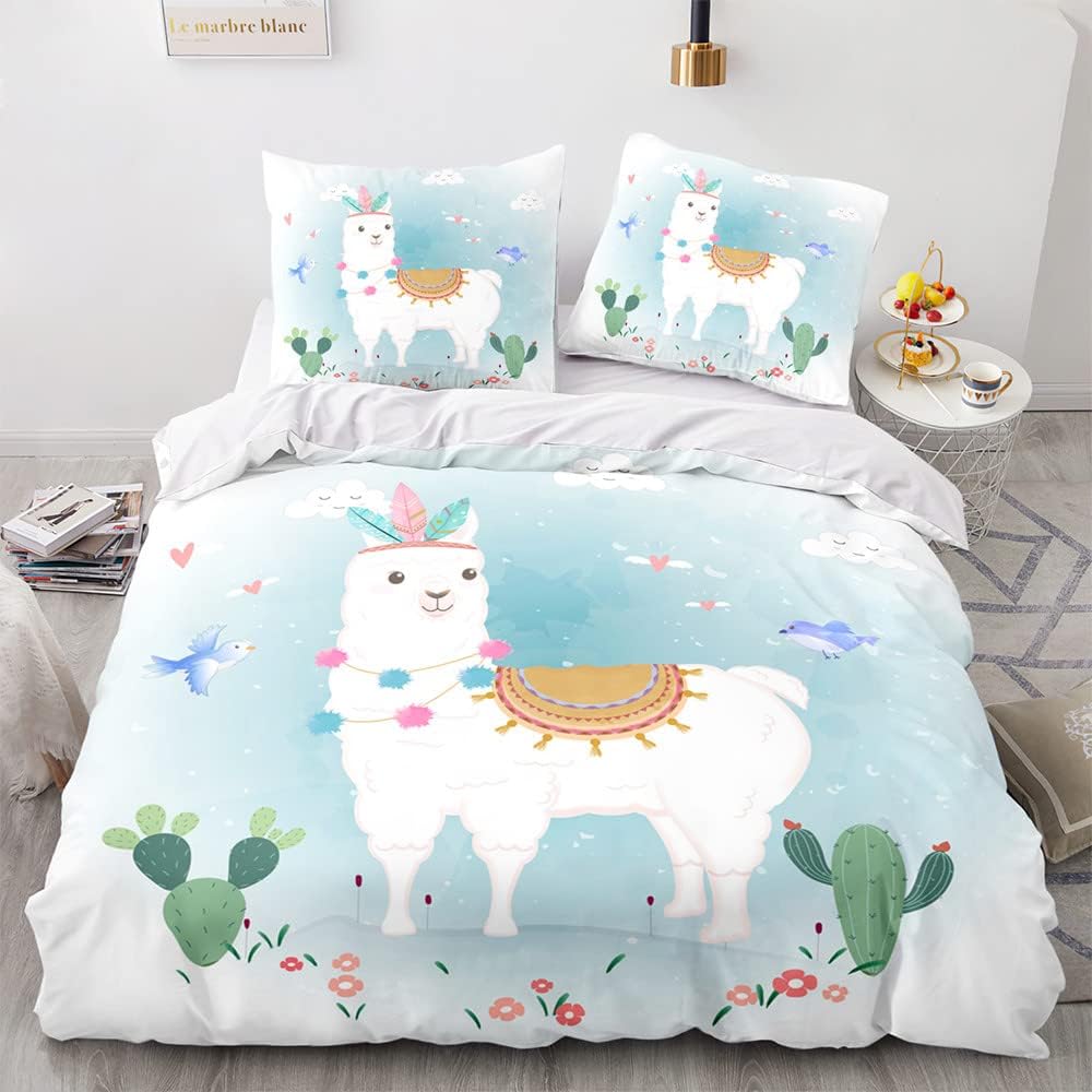 Cute Llamas Duvet Cover Set,Kawaii Alpaca BeddingSet 2pcs for Kids Girl Bedroom Decor,Cartoon Animal Quilt Cover with Pillowcase