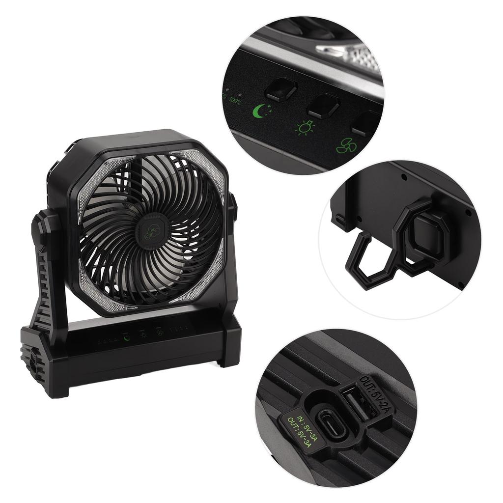 Camping Fan with LED Lantern 4 s 270 Degree Large Volume USB Rechargeable Outdoor Tent Fan with Light Hook