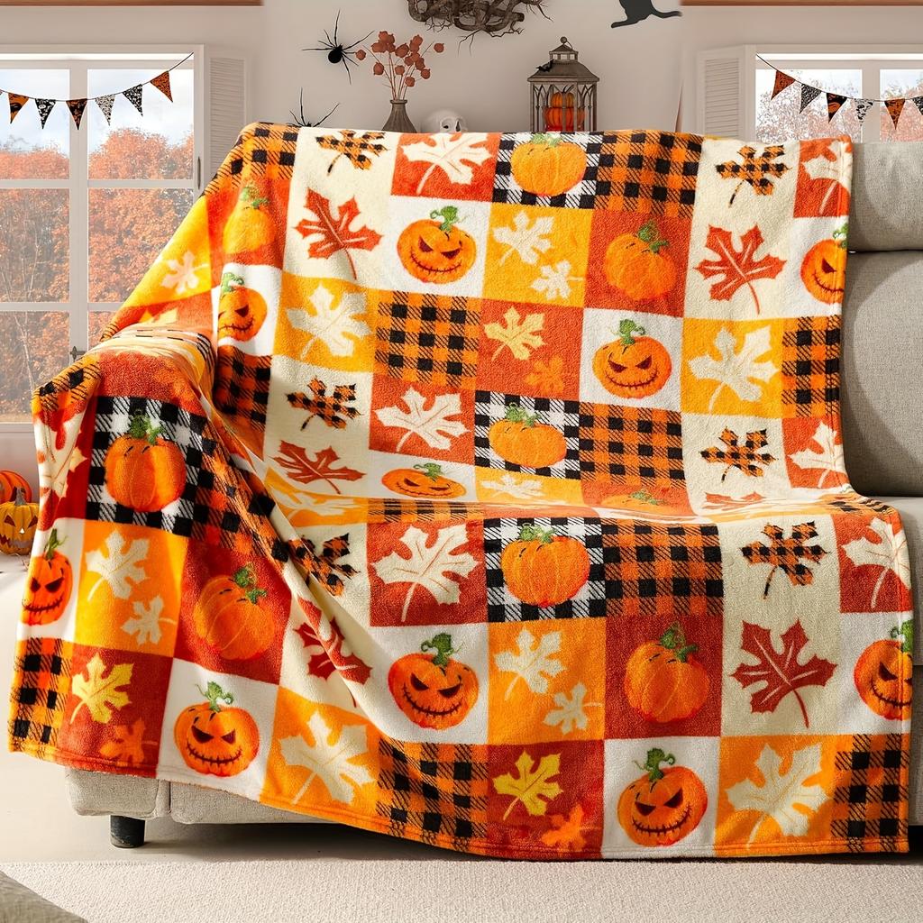 1pc Multi Functional Flannel Blanket - Nordic Style Halloween Pumpkin Checkered Print, Used for Sofa Beds, Camping Trips