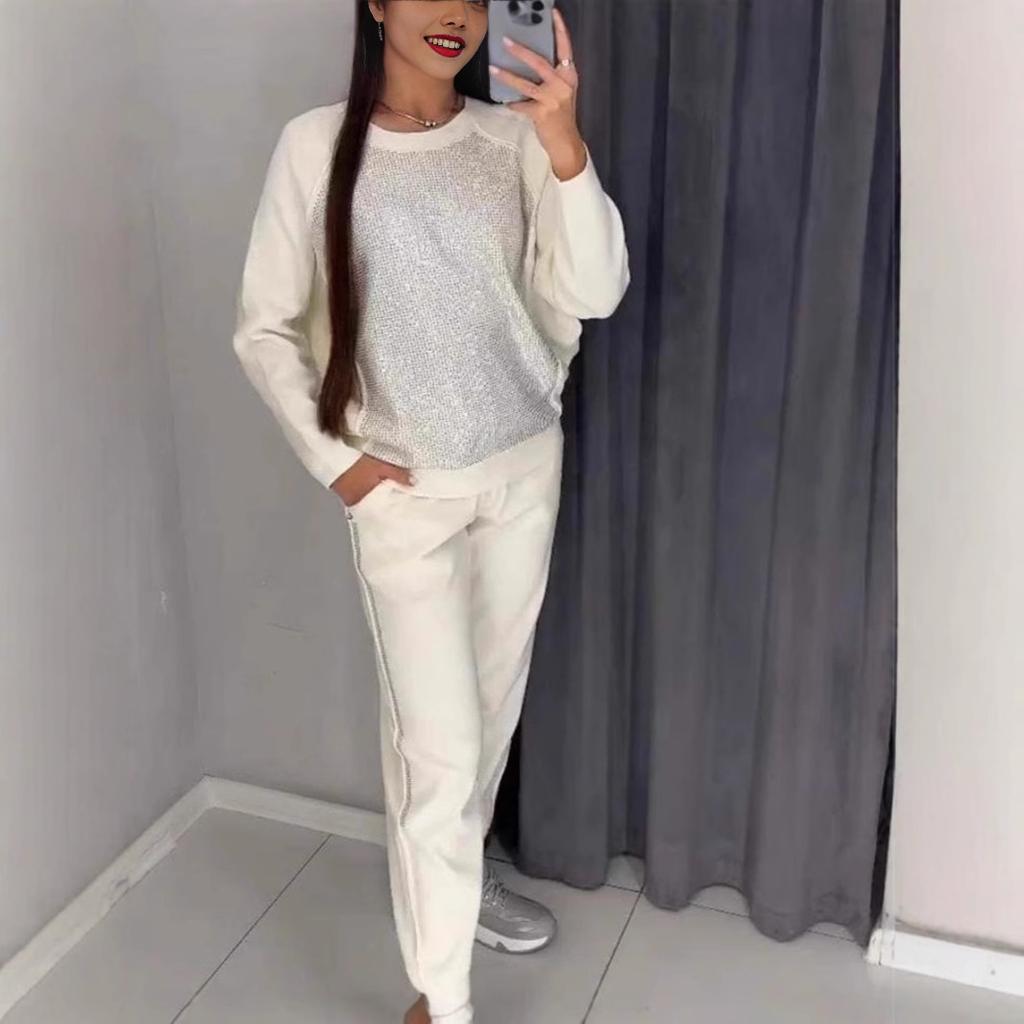 Women's sets Plus Size Solid Color Long Sleeve Crew Tie Pockets Rhinestone Sweatshirt Pants Set of 2