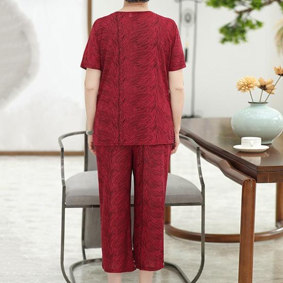 Conjunto de Duas Peças Feminino de Seda Gelada para Primavera Verão, Gola Redonda, Manga Curta + Calças, Conjunto Esportivo Casual