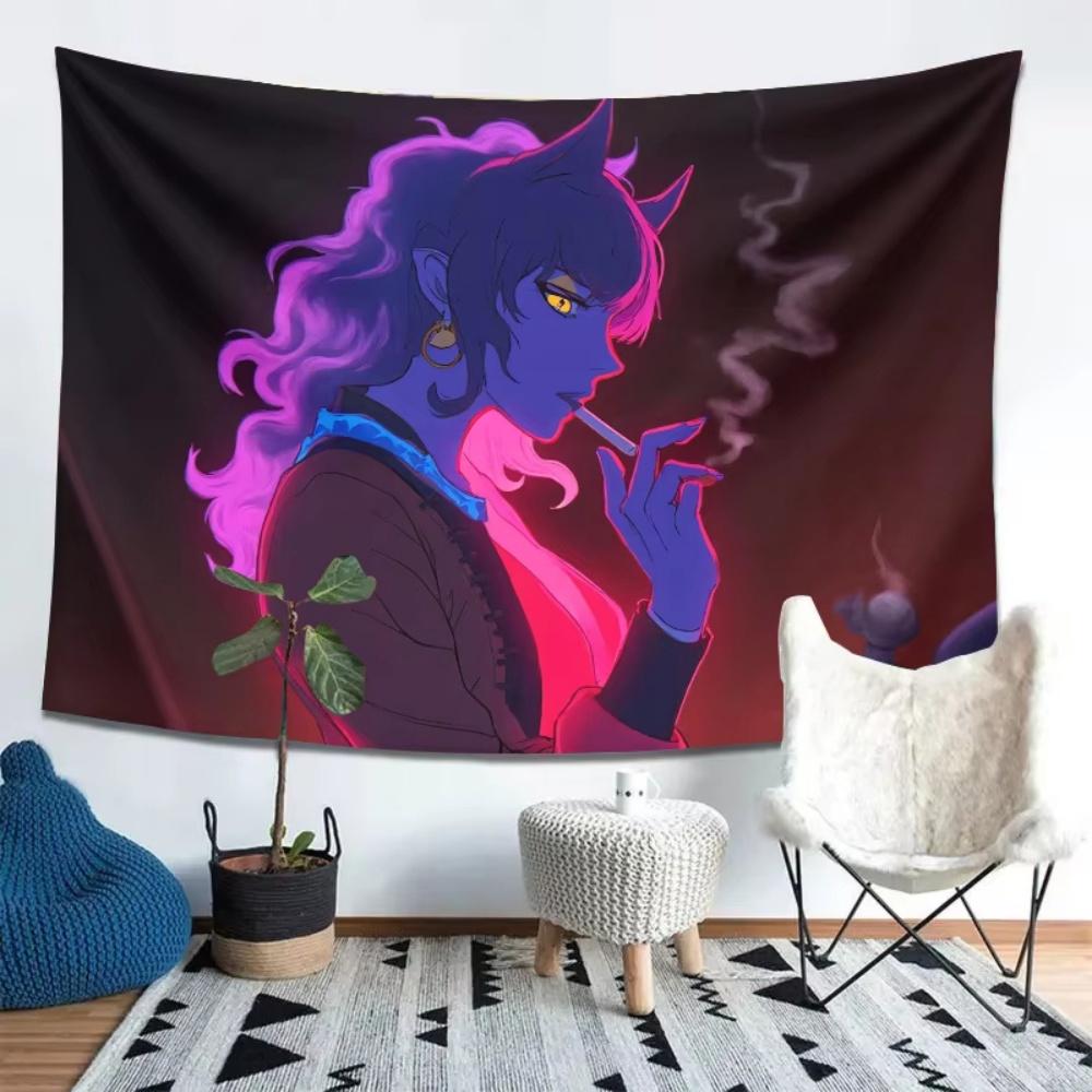 Neon Demon Cat Girl Wall Tapestry, Purple & Pink Synthwave Anime Art with Smoking Character, Wall Hanging for Bedroom Decor