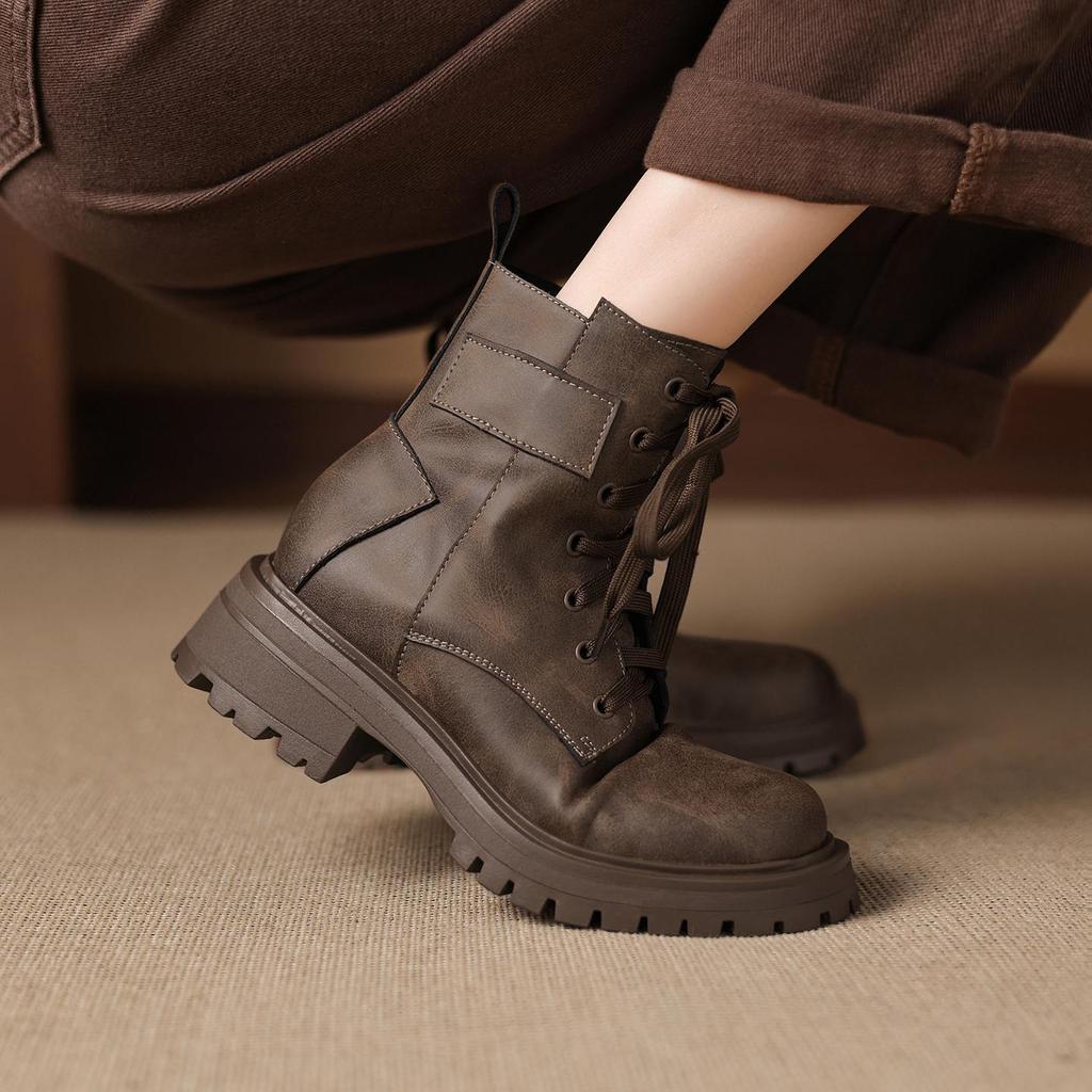 Krazing Pot Cow Skin Winter Round Toe Western Boots Med Heels Lace Up Women British School Ankle Boots