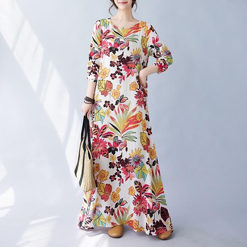 Real spring new literary large size loose printing round neck long sleeve dress women's long dress