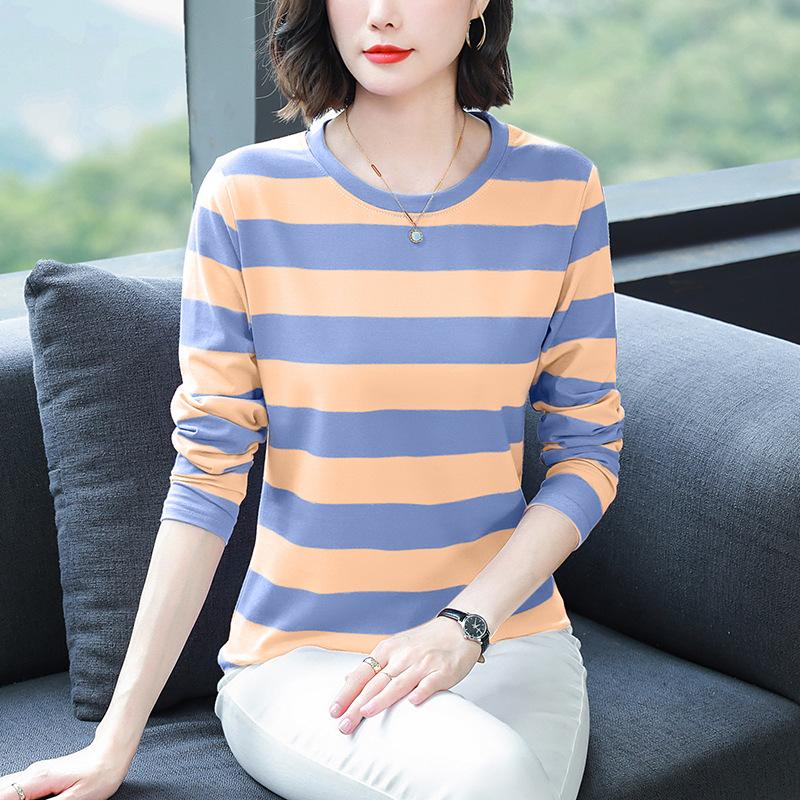 Middle-aged Mom Autumn Clothes Plus Size Loose Cotton Long Sleeve T-shirt Women's Autumn Clothes Wear Undershirts with Striped Tops