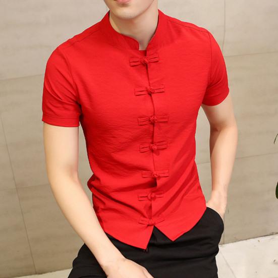 Men Summer Shirt Stand Collar Short Sleeve Solid Color Slim Fit Knot Buttons Daily Wear Chinese Traditional Clothes Vintage Chinese Style Men Top Men