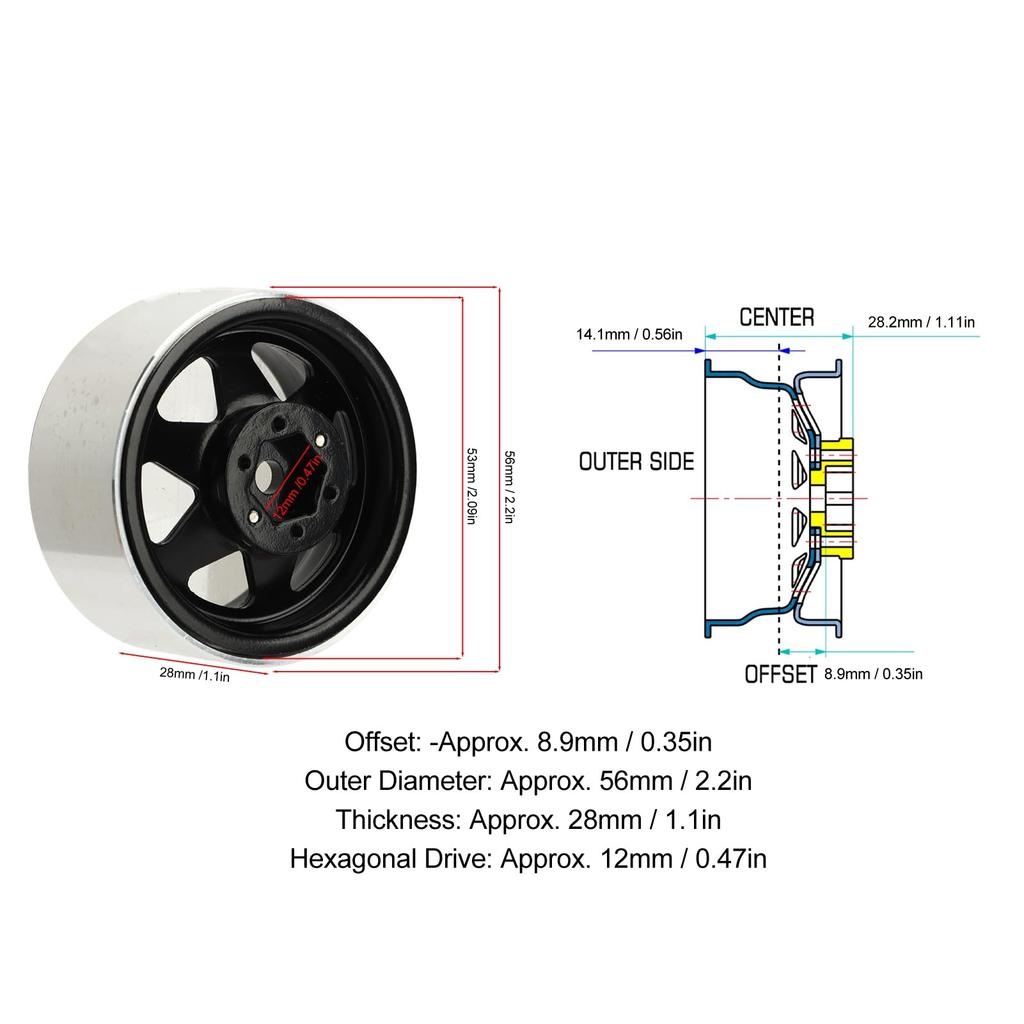 Set of 4 1.9-inch Steel Beadlock Wheels for RC Crawlers (Black) - Compatible with Axial SCX10 90046, D90, Traxxas TRX4, Redcat, Tamiya, and HPI