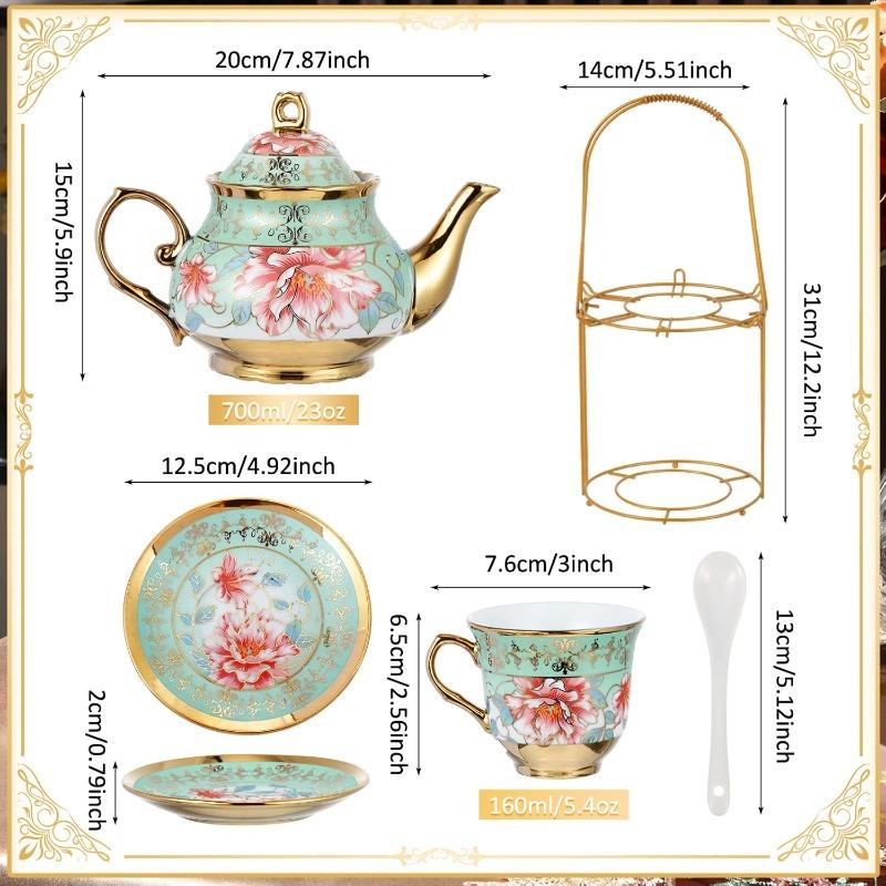20 Pcs Porcelain Tea Set with Metal Holder and Spoon Adult Ceramic Tea Party Set European Flower Painting Teapot Cup Saucer