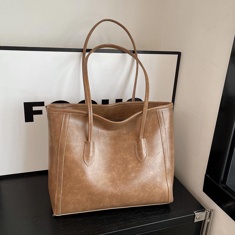 Vintage Large Capacity Faux Leather Tote Bag for Women, Chic Korean Style Commuter Shoulder Handbag, Soft Texture Fashion Work Bag