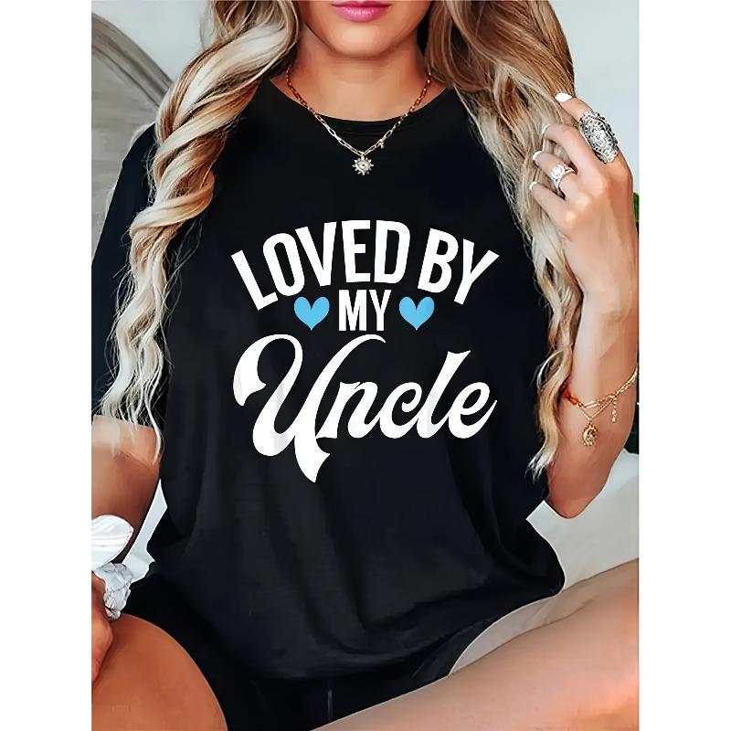 

Womens Loved By My Uncle Graphic T Shirt Casual Black Crew Neck Heart Design Short Sleeve Spring Summer Top 4XL