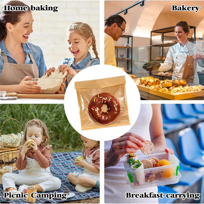 100Pcs Heat Seal Bakery Bags, Grease Proof Kraft Paper Biscuit Packaging Cake Bags For Packaging Donut Dough Baked Goods-B61B