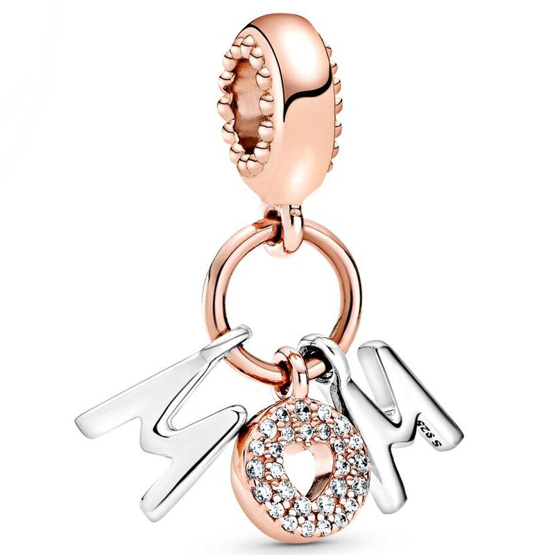 Plata de Ley S925 Original Cuentas Charms Corazón Amoroso Mamá Te Quiero Letras Felices Colgante Apto para Pulsera de Moda Joyería DIY