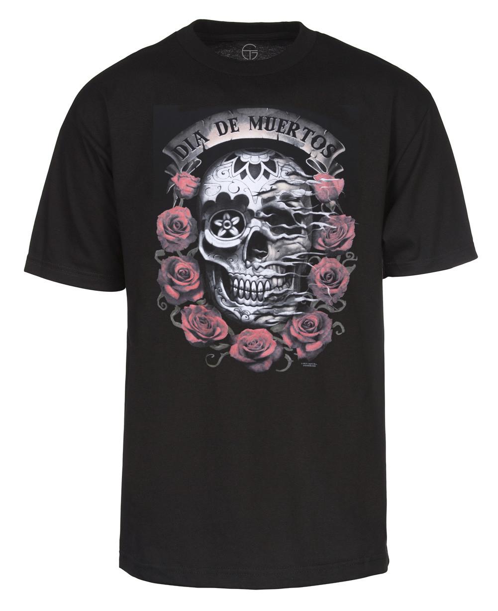 Men s Dia De Muertos Skull with Roses T-Shirt - Black S