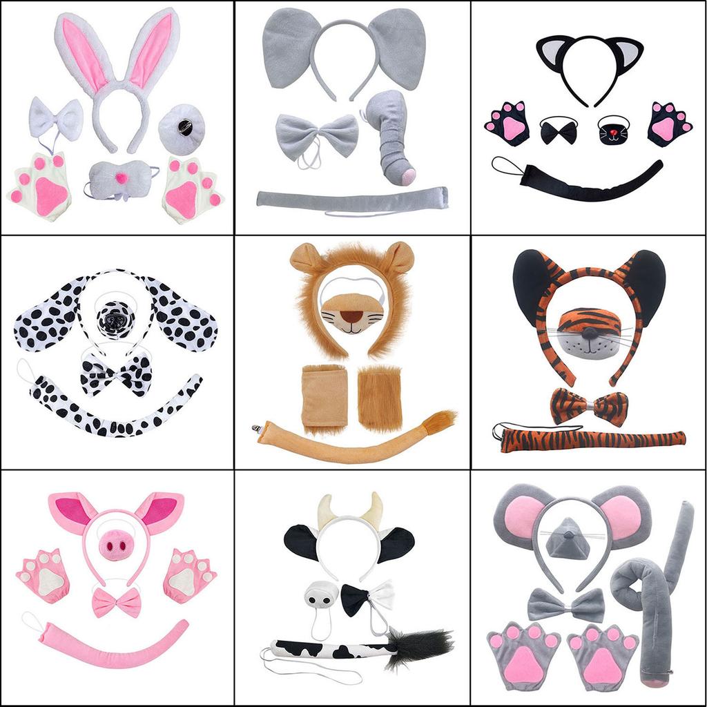 Umorden Child Adult Animals Lion Tiger Donkey Milk Cow Costume Accessories Ears Nose Tail Gloves Set