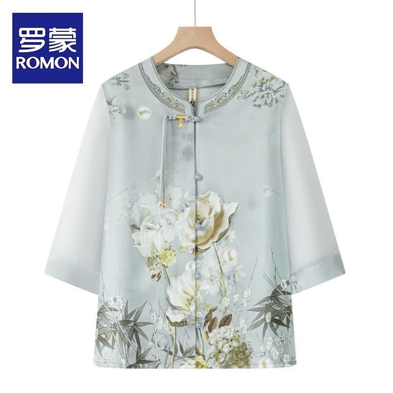 ROMON Women s Chinese Style Floral Summer Blouse 4XL