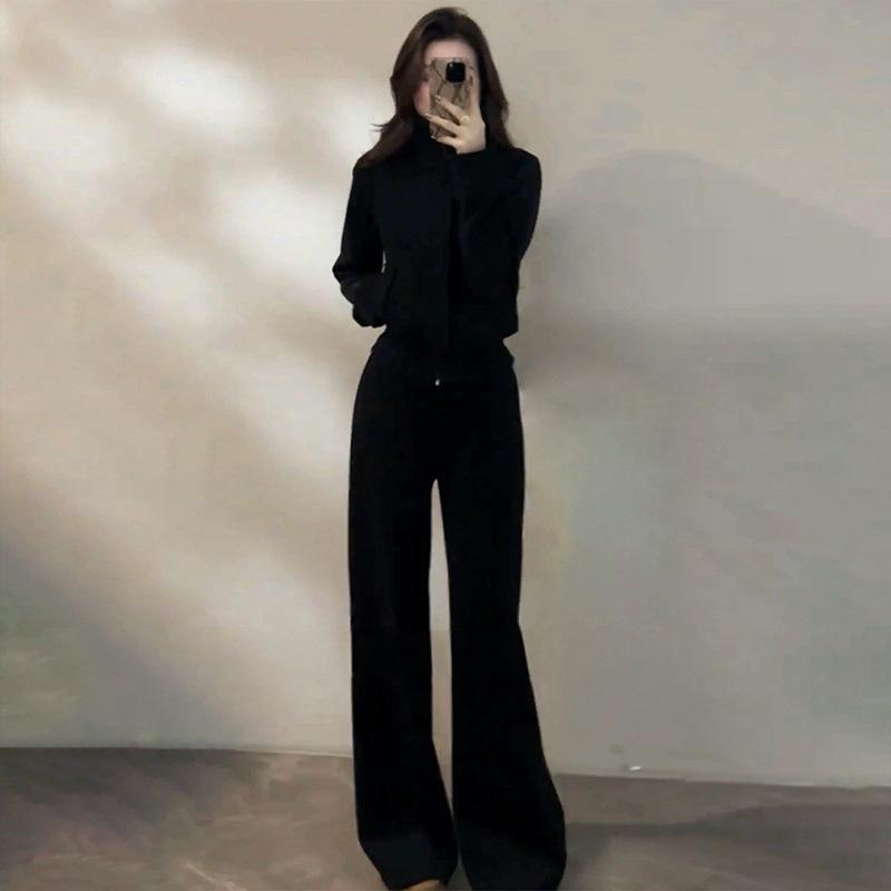 

Women s Trendy Korean Style Casual Sports Suit: Plush Stand Collar Jacket & Wide-Leg Pants Two-Piece Set for Spring/Autumn 2026. Large