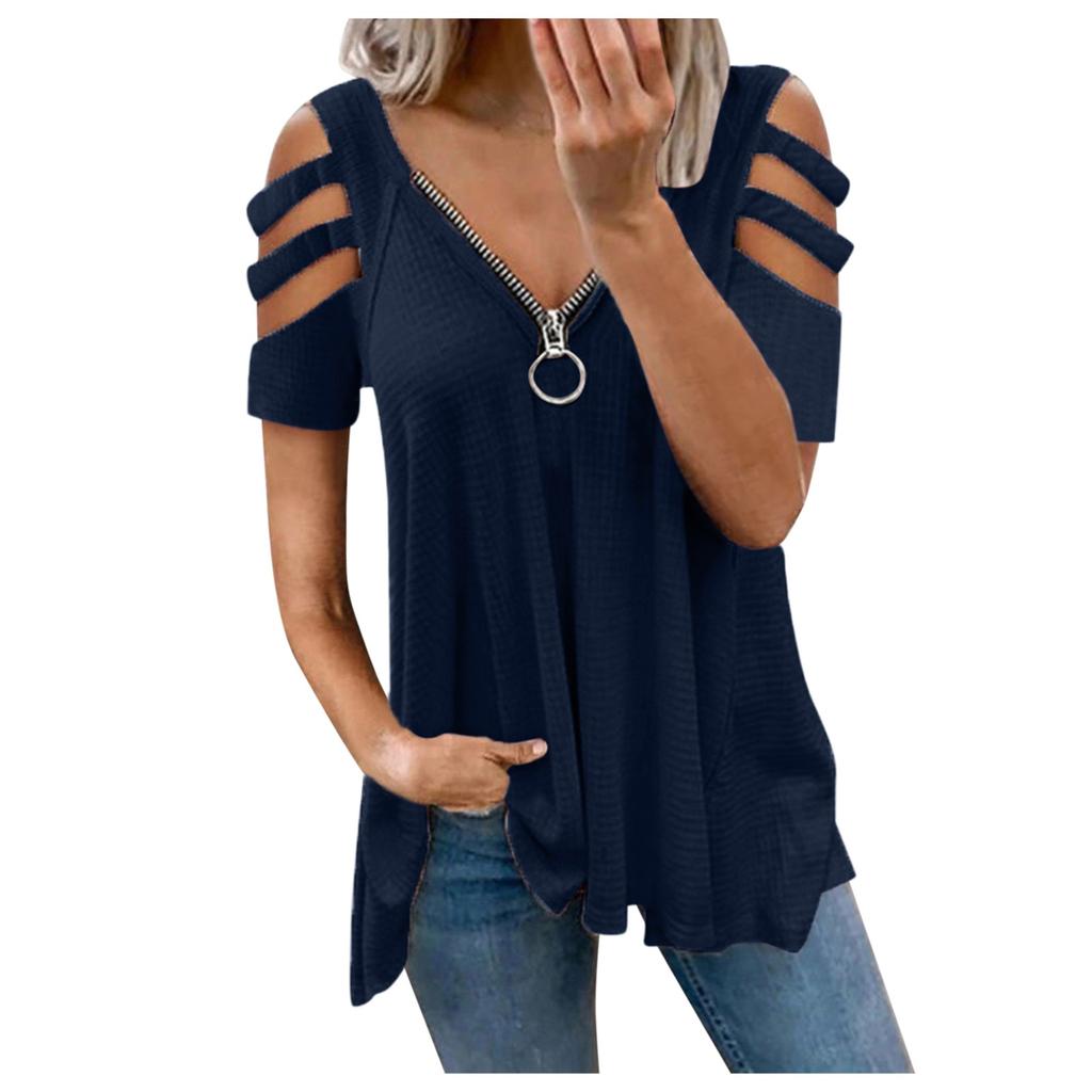 Womens Sexy V-neck Collar Zipper Color Short Sleeve Fold Casual Blouse Tops