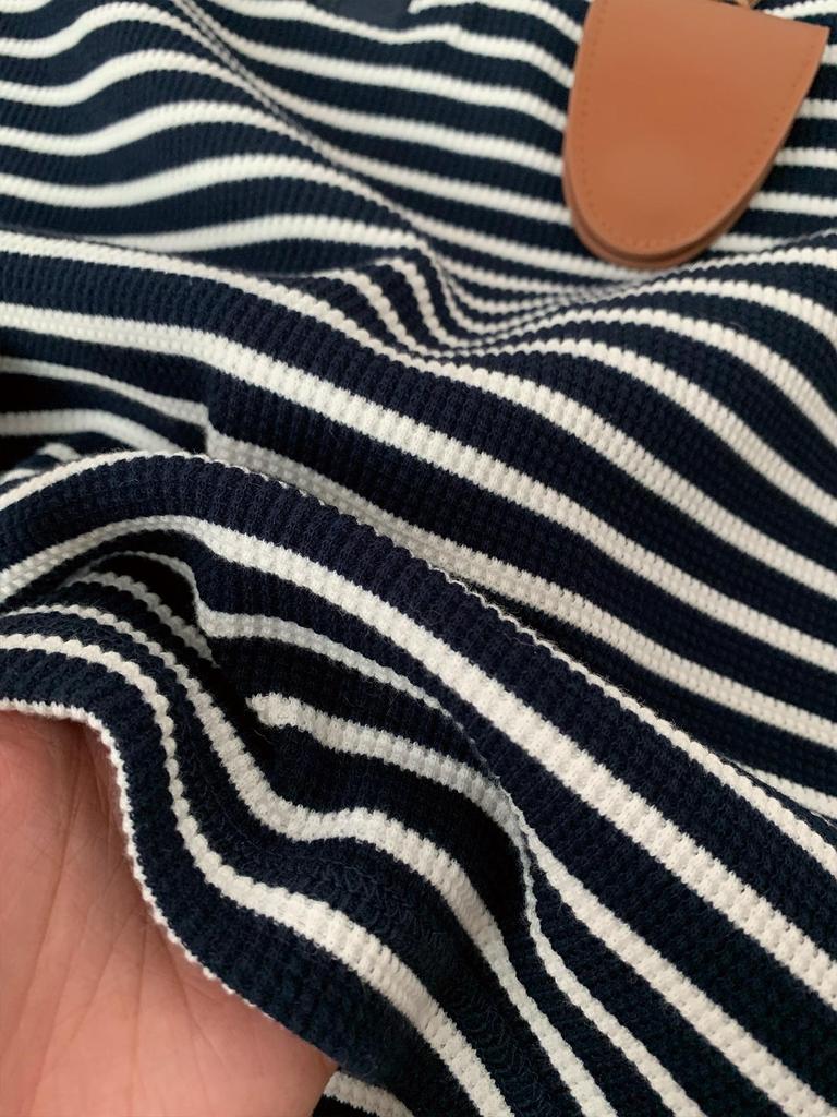 Blue & White Striped Waffle Knit Crew Neck Long Sleeve T-Shirt - Breathable & Comfortable Casual Top