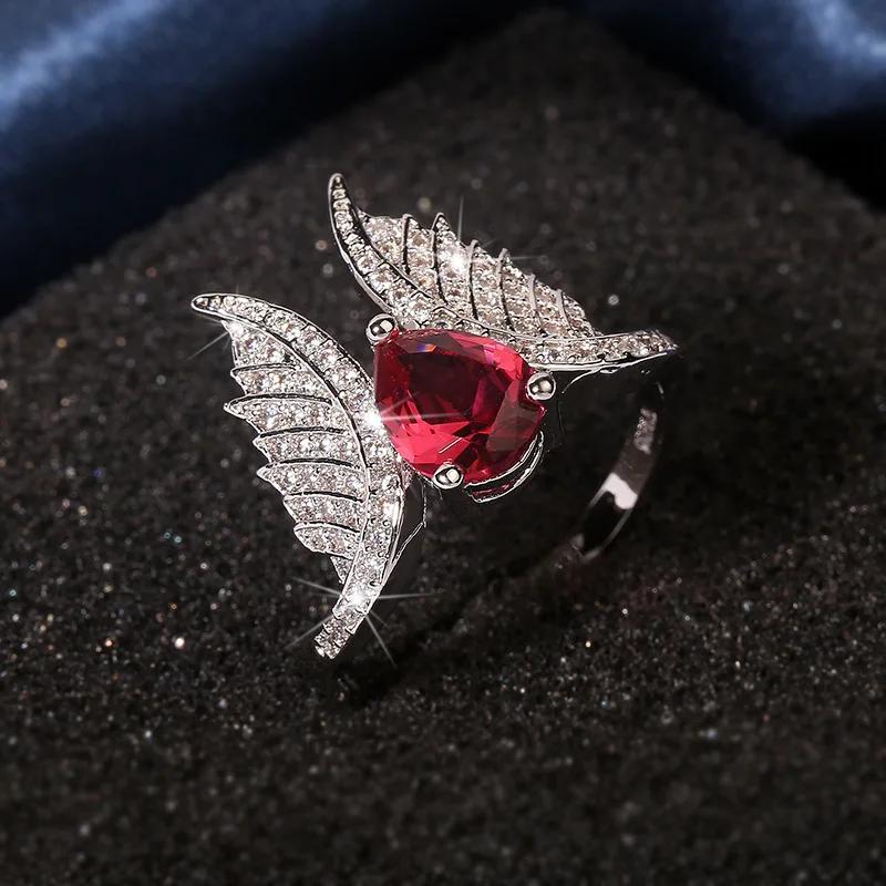 

Micro Set Zircon Wing Shaped Red Zircon copper Color Rings Fashion Style Banquet Wedding Rings Women Rings Gift Girlfriend 9