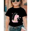 European Size Girls Round-neck Short-sleeved T-shirt with Cartoon Pink Dinosaur Pattern Print