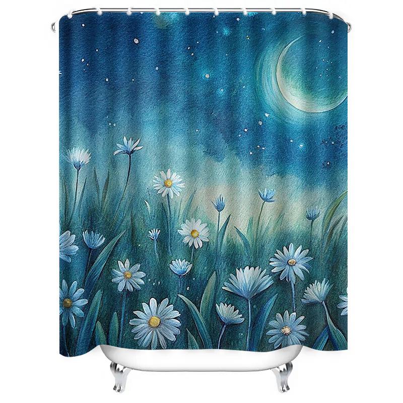 Sternennacht mit Gänseblümchen Wasserdichter Duschvorhang Hitzebeständig Maschinenwaschbar Nicht Transparent 180x180cm