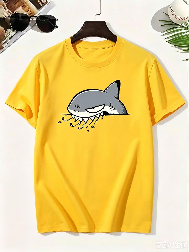 2026 Cartoon Shark Gray Fang Watermark Pure Cotton Boy's T‑shirt Creative Lightweight Comfortable Short Sleeved Kids T‑shirt