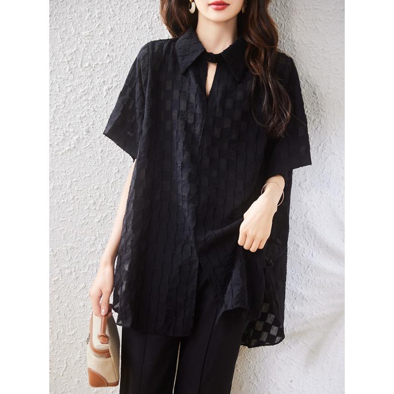 

DIMANAF 2024, повседневная футболка больших размеров, летняя женская свободная однотонная рубашка с коротким рукавом, новые черные топы большого размера L чёрный