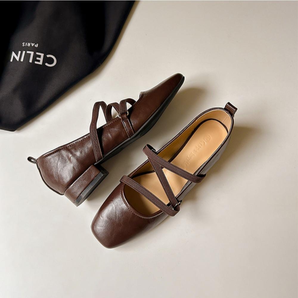 Single Shoe Women's 2025 Spring and Autumn New Leather Square Toe Cross Strap Flat Sole Single Shoe Retro Mary Jane Womens Shoes