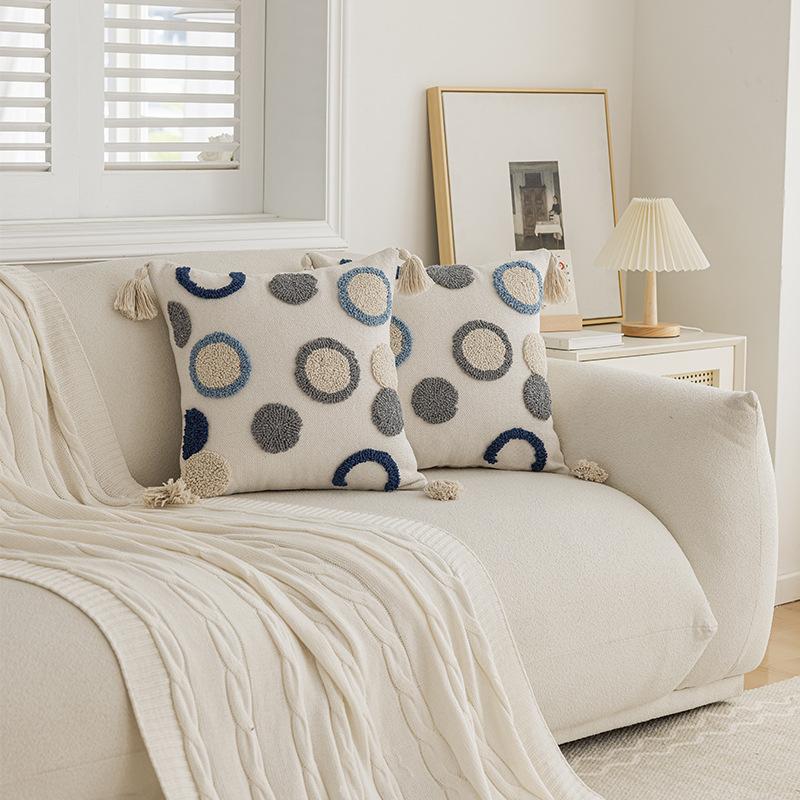 Blue Sofa Headboard Pillowcase Jacquard Embroidery Pillow Cover Cojines Decor Home Striped Polka Dot Tassel Cushion Covers 45X45