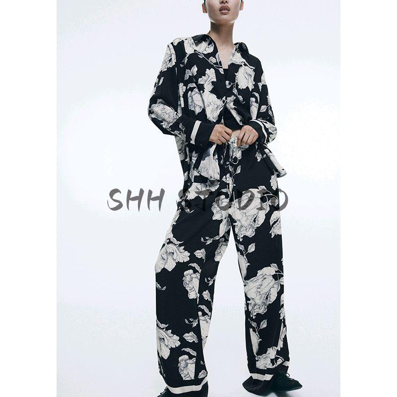 Spring New Women's Clothing Print Diagonal Cloth Shirt 1273622 Drawstring Twill Pants 1273623