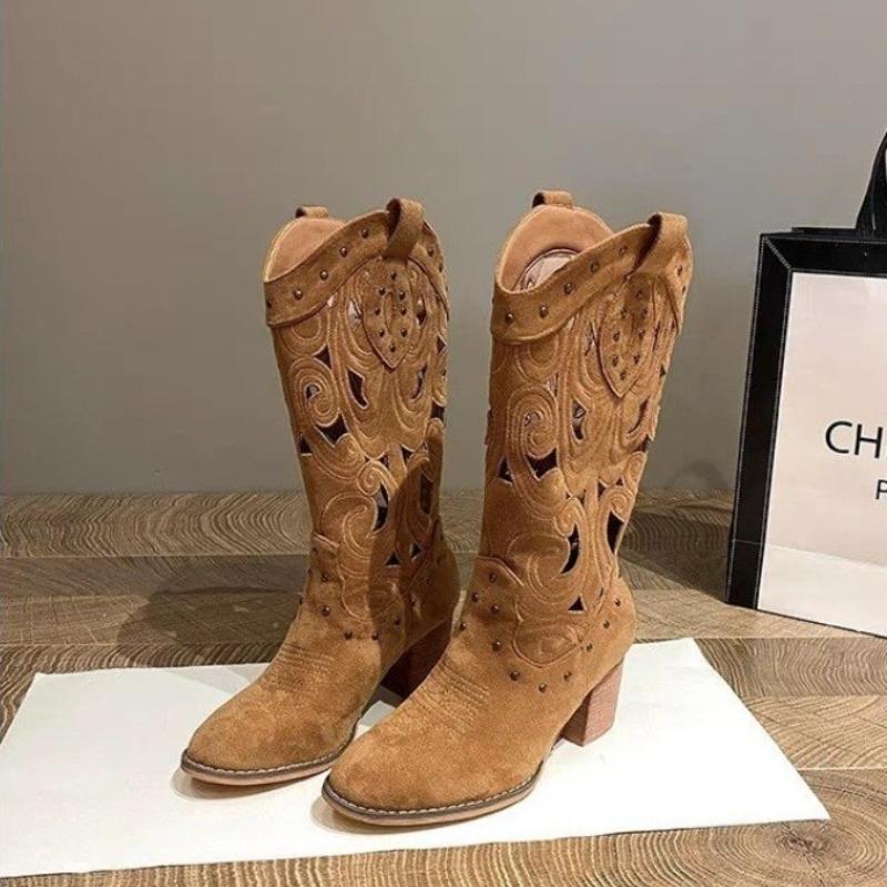 Fashion 2025 New Women's Mid-calf Boots Suede Leather Hollow Out Boots for Women Western Cowboy Boots Fashion Knight Booties Botas Mujer
