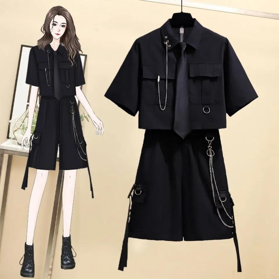 Spring Summer Streetwear Cargo Shorts Sets High Waist Joggers Women 2 Piece Short Sleeve Top with Casual Trousers