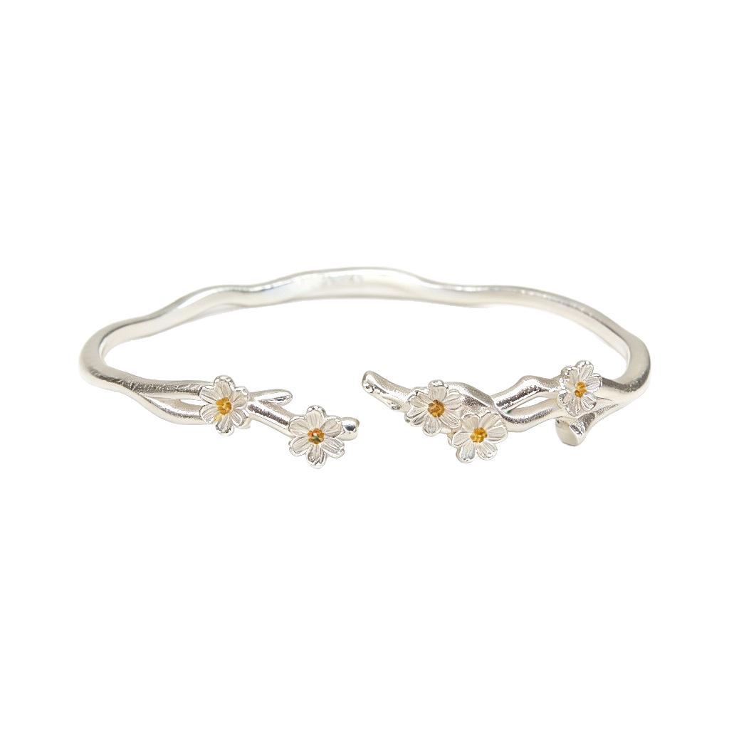 Sterling Silver 999 Jasmine Flower Openable Bangle Bracelet for Women - High-End, Fashionable, Niche Luxury Design.