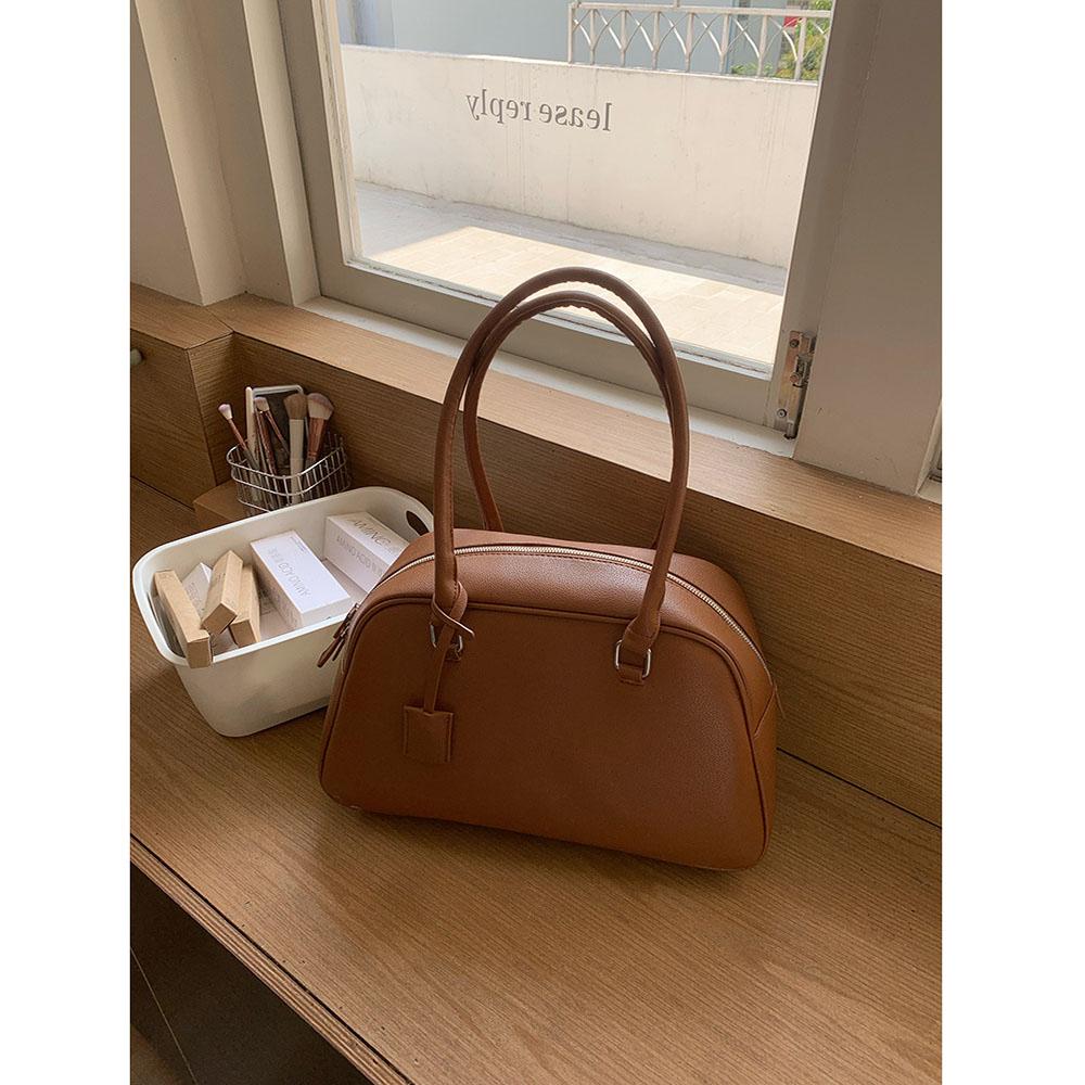 New Winter Big Size Soft Leather Women Large Retro Bowling Bags Commute Handbags High Quality Simple Shoulder Bag Brown
