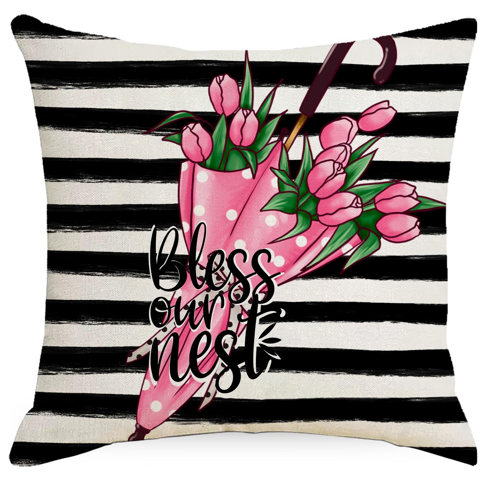 

New Easter Pillowcase Striped Flowers Letter Print Home Cushion Pillowcase 45 * 45Cm