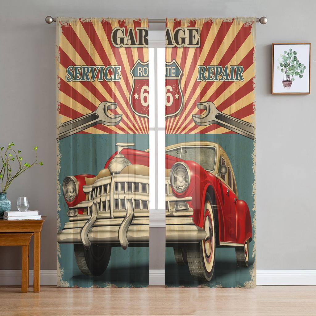 Car Service Mechanic Maintenance And Automobile Repair Rusty Metal Plates Tulle Sheer Curtains Living Room Voile Organza Curtain