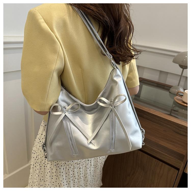 Korean Style Bowknot Faux Leather Bucket Bag for Women, Soft Single Shoulder Hobo Purse, Chic Casual Crossbody Handbag