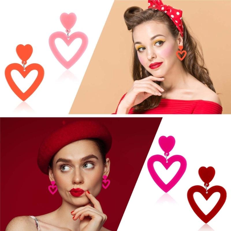 Stylish Heart Acrylic Earrings Pink Ear Drops Lady Party Hollow Heart Statement Earring Valentines Day Gift Lightweight