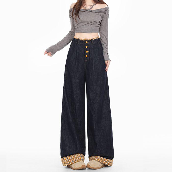 Korean Style Early Autumn Women s Wide-Leg Plaid Turn-Up Jeans Small