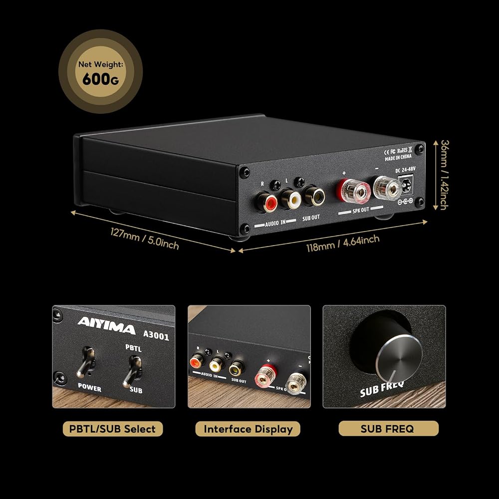 Aiyima A3001 300W Class D Mono Amplifier with Power Adapter for Home Audio Subwoofer Speaker