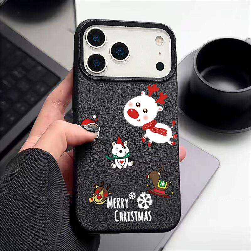 

Cartoon Christmas Elk Phone Case For iPhone 17 16 15 14 13 12 Pro Max 16 17 Pro 11 16e 17 Air Shockproof Leather Texture TPU Silicone Soft Cover iPhone 17