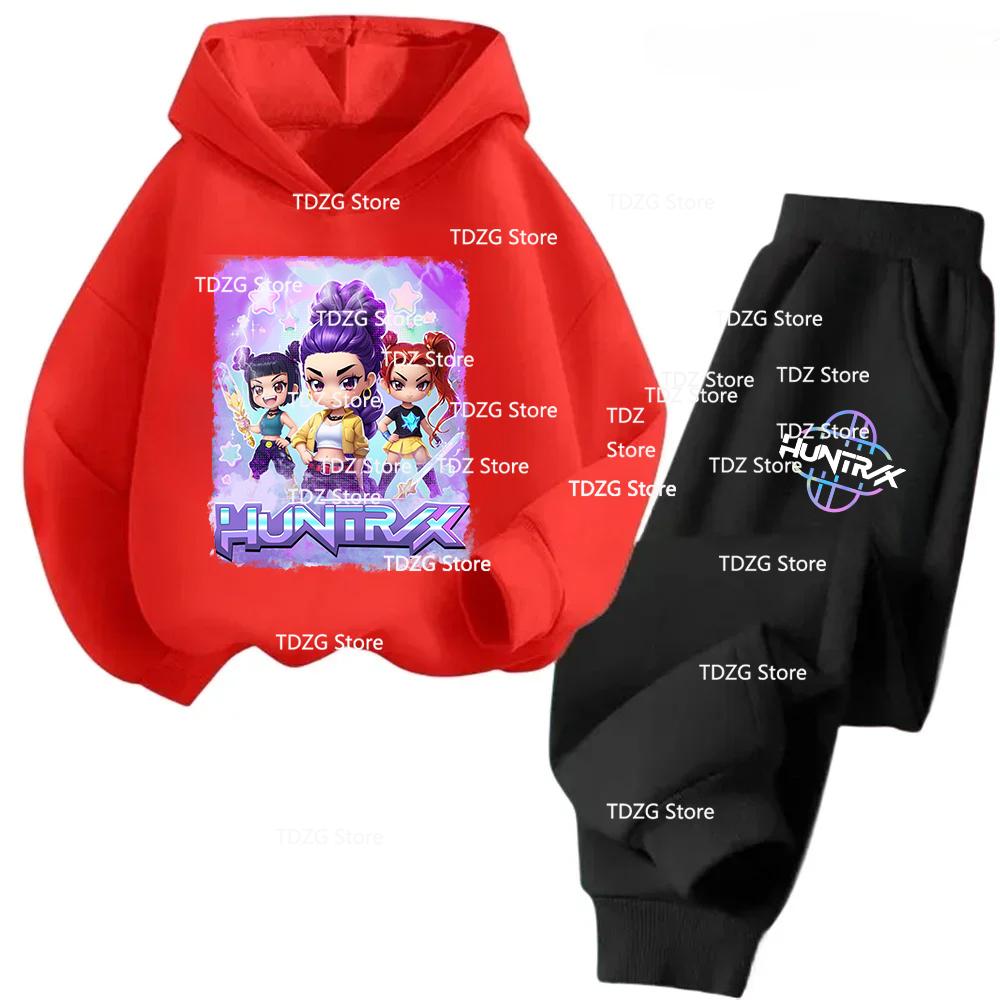 Hot Movie KPop Demon Hunters Fleece Hooded Children's Hoodies Trousers Set Kid Pants Suit Casual Fashion Boy Girl 2pcs Tracksuit
