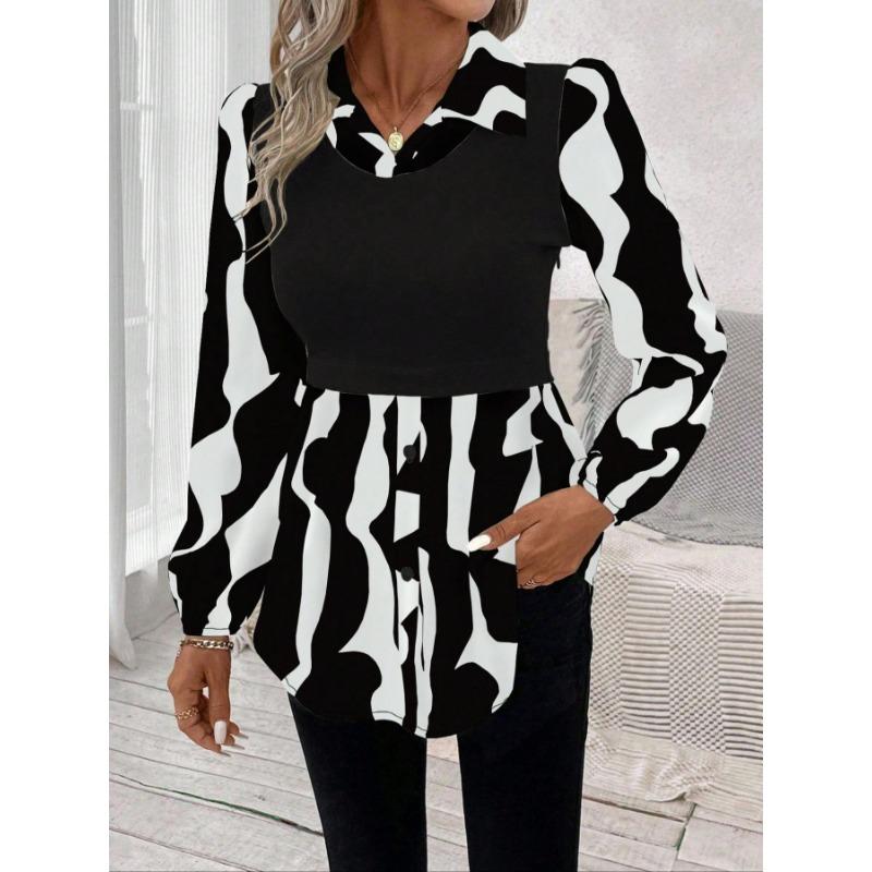 Women's Blouse Bubble Sleeve Temperament Casual Colorblocking Blouse