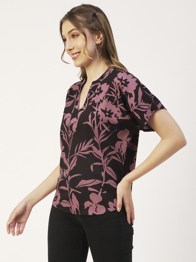 Moomaya Printed V-Neck Long Tops For Women, Short Sleeve Regular Fit Shirt