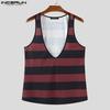 INCERUN Men Low-cut Sleeveless Striped Print Casual Loose Tank Tops
