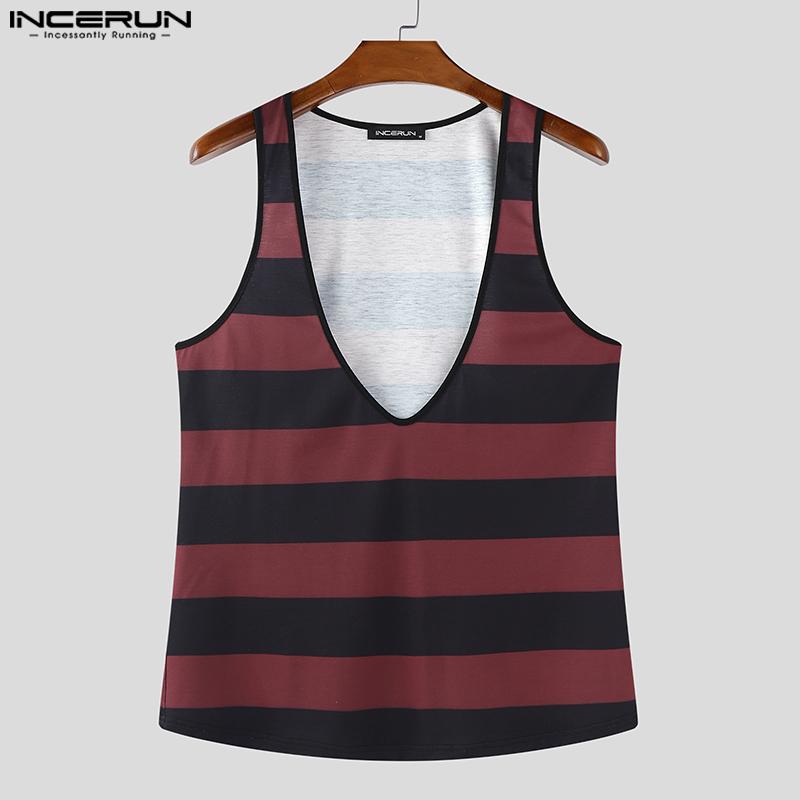 INCERUN Men Low-cut Sleeveless Striped Print Casual Loose Tank Tops