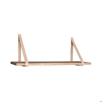 80x20 Cm Wall Shelf In Natural Rubberwood and Leather