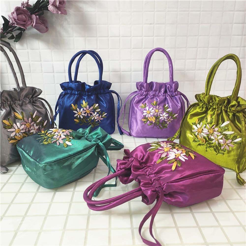 Ethnic Style Embroidery Flower Handbag Satin Silk Small Purse Wallet Hanfu Drawstrings Bag Daily