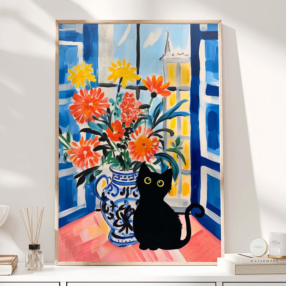 Canvas Painting Matisse Color Abstract Floral Vase Canvas Poster Black Cat Wall Art Prints Pictures for Living Room Home Decor